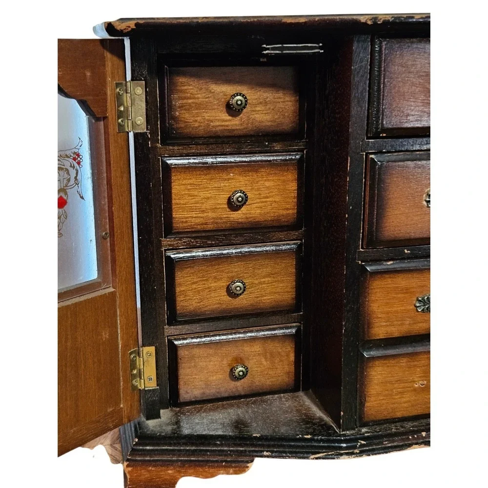 Vintage MCM Wooden Jewelry Armoire Etched Glass Doors & 4 Drawers Dresser 10.5